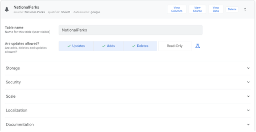 テーブルを管理する（名前を編集し、[Are updates allowed?] フィールドを変更し、[View Columns]、[View Source]、[View Data]、[Delete] のいずれかをクリックする）