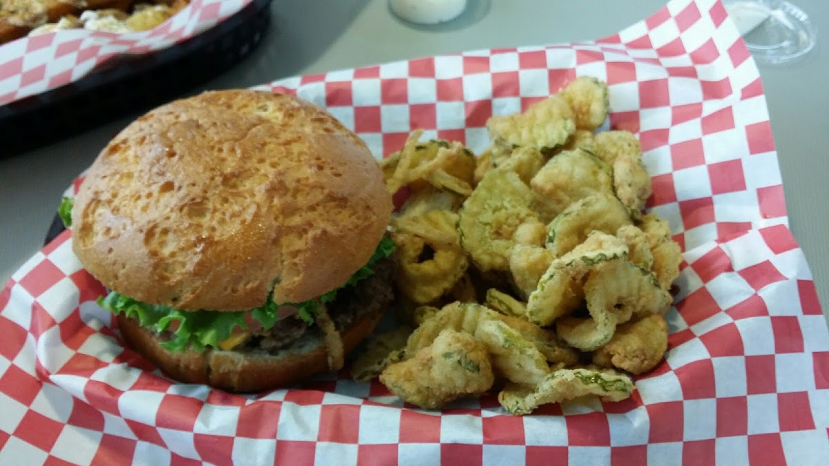 Haystack Jack burger on a GF bun with GF fried pickles