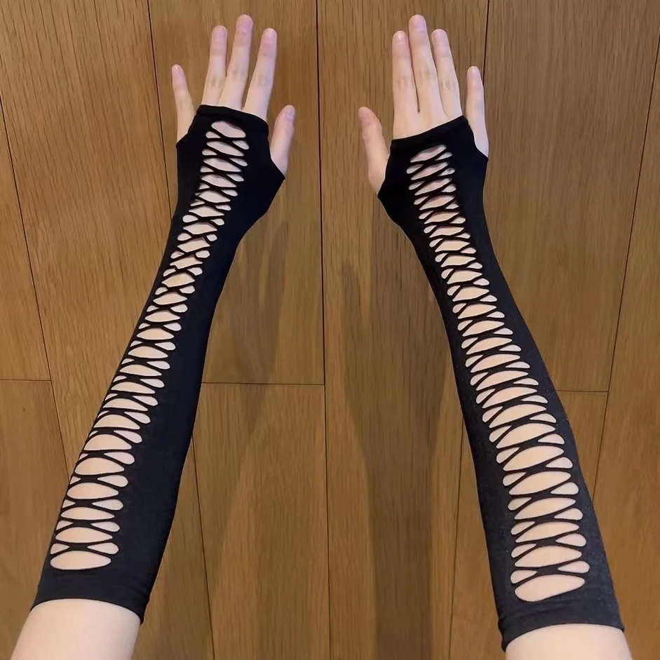Luvas femininas de dedo plano, rasgadas, vazadas, com tela cruzada, elásticas e de comprimento médio, para um visual estiloso e confortável.