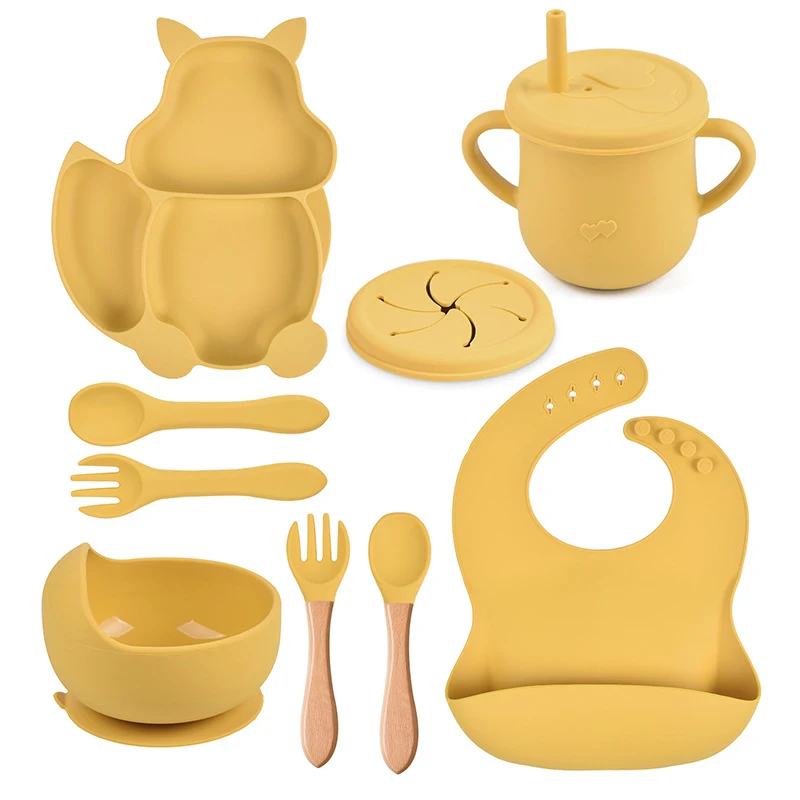 Siliconen Eekhoorn Baby Tafelgerei Set met Geïntegreerde Bord en Bestek Perfect voor Babyvoeding en Kleintjes