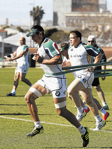 Pierre Spies and John Smit during training at Nelson Mandela Bay stadium in Port Elizabeth yesterday. South Africa meet the All Blacks on Saturday in the Boks' final game of the Tri-Nations Picture: GALLO IMAGES