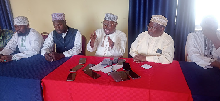 Kemnac chief adviser Sheikh Mohamed Dima (second left), chairperson Sheikh Juma Ngao and deputy director Mshali Khamis at Becky's Hotel in Mombasa on Tuesday, June 6, 2023.