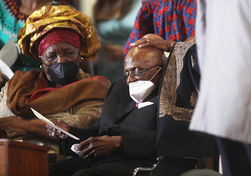 Archbishop Emeritus Desmond Tutu and his wife Leah celebrate his 90th birthday at St George's Cathedral in Cape Town on Thursday.