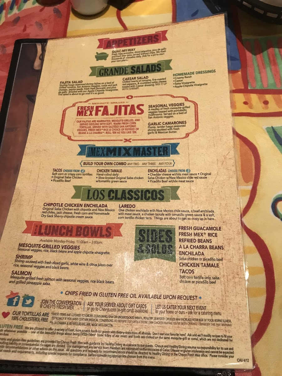 Chevys gluten-free menu