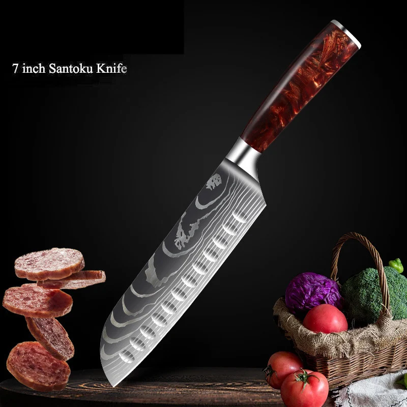 Cuchillo de cocina con mango de resina roja y patrón láser de Damasco, set completo para cortar con estilo y precisión.