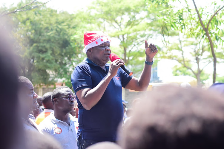 Kisumu Central MP Joshua Oron during food donations at Kaloleni Shaurimoyo ward on Thursday.