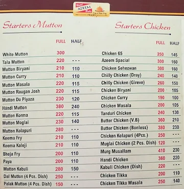 Hotel Azeem Babu menu 