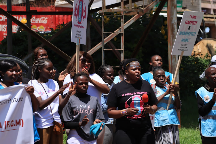 Activists from Enchoro-Emuny in Ngong Kajiado County hold a peaceful protest to mark the International Day of Zero Tolerance for Female Genital Mutilation on February 6, 2024.