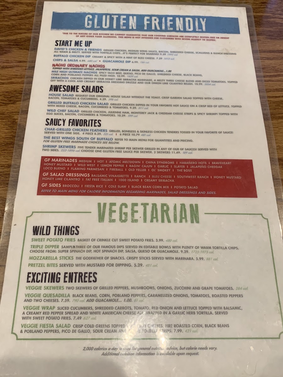 Gluten free/vegetarian menu.