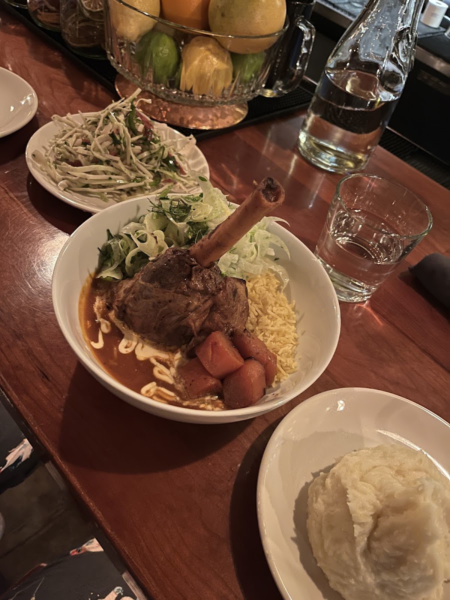 Lamb, mashed potatoes, cole slaw