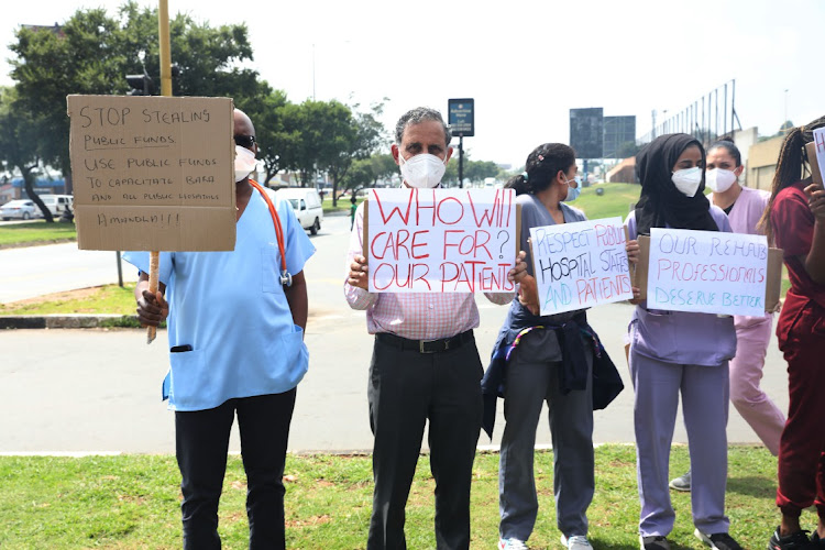 Medical staff at Chris Hani Baragwanath Hospital protest demanding that contract staff hired for Covid-19 pressure be retained. Picture: Veli Nhlapo