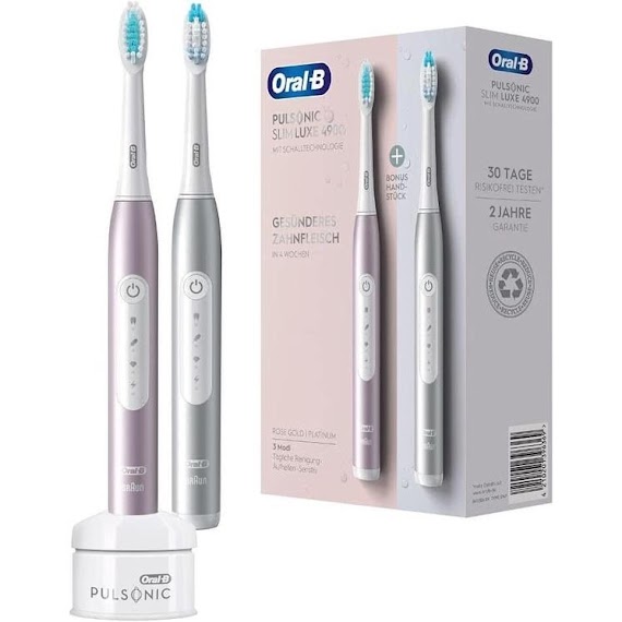 Set 2 Bàn Chải Oral - B Pulsonic Slim Luxe 4900, Giúp Loại Bỏ 99% Vi Khuẩn, Mảng Bám, Ngừa Sâu Răng, Nhập Đức