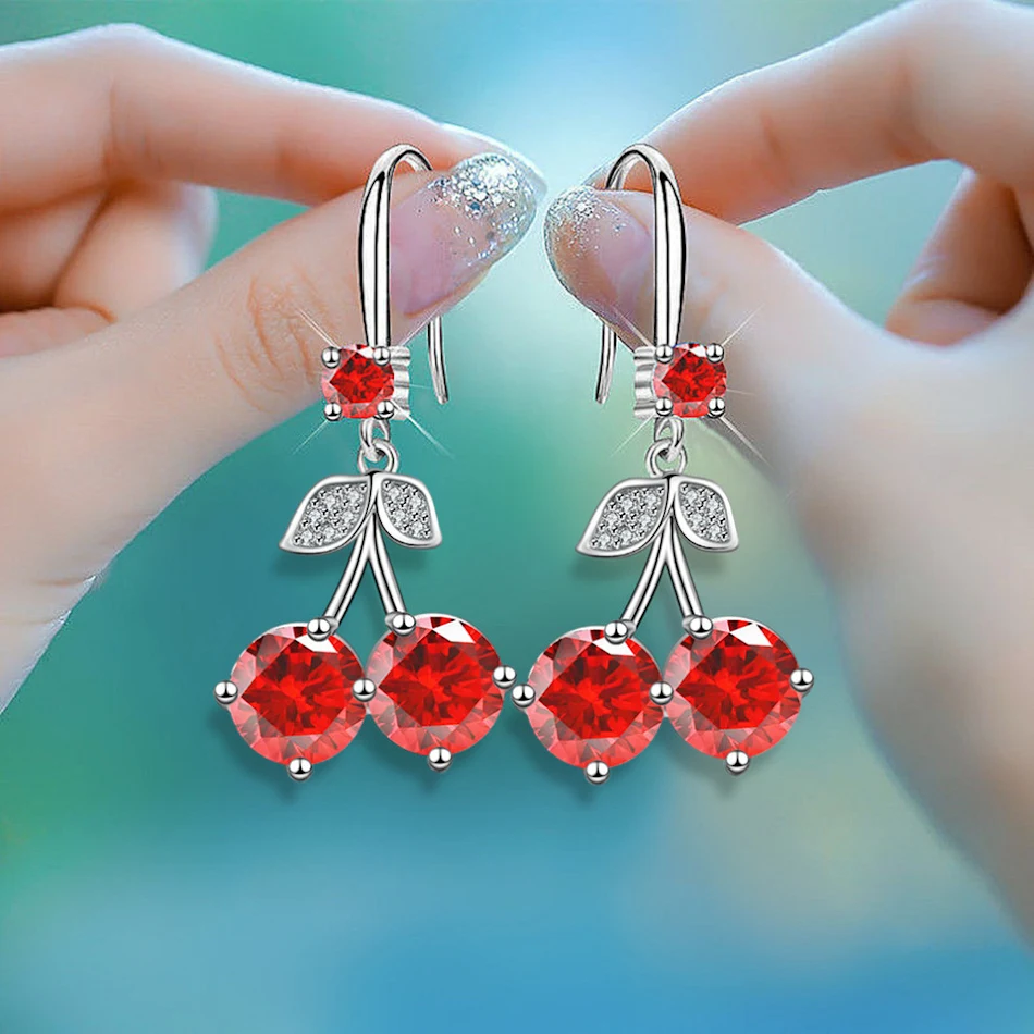 Cherry inlaid mid-length color zircon earrings. Enhance your style and beauty with these elegant earrings, perfect for a