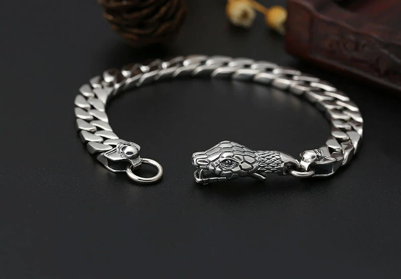 Pulsera Hombre Plata Ley Trendy Diseño Thai Hipster Cierre Cabeza Serpiente Adorno Cadena Muñeca Desnudo