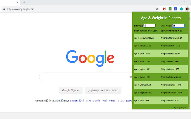 Planets calculator chrome extension