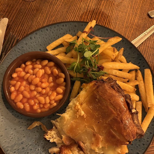 Gluten free cheese and onion pie! With fries tagt were done in seperate fryer