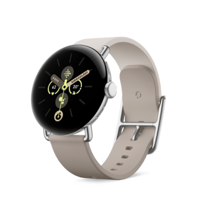 Angled Google Pixel Watch Two-Tone Leather band.