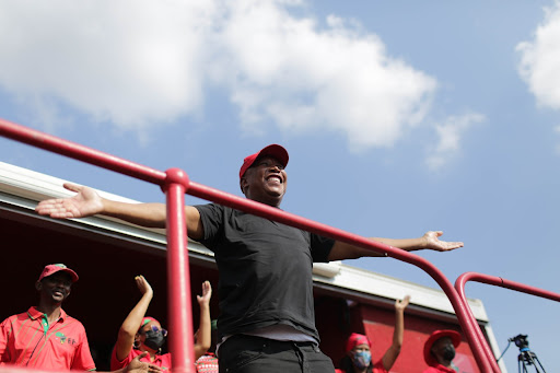 EFF leader Julius Malema was all smiles on Friday when he addressed supporters in the North West.