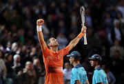 Novak Djokovic of Serbia celebrates his 1,000 career win after he defeating Casper Ruud of Norway in the semifinals of Internazionali BNL D'Italia in Rome, Italy.