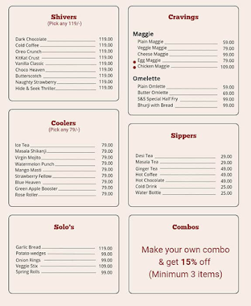 Shakes & Sizzlers menu 