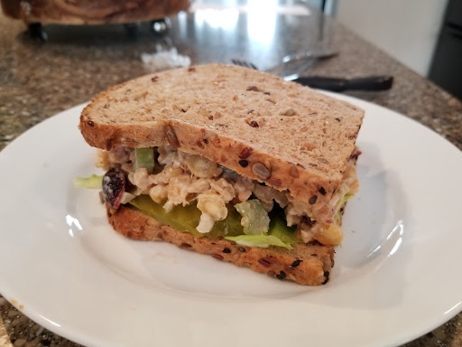 I don't miss the chicken! It will remind you of a chicken salad. The cashews and chick pea mash makes it very meaty.

Served on seedy bread with dill slices and lettuce.