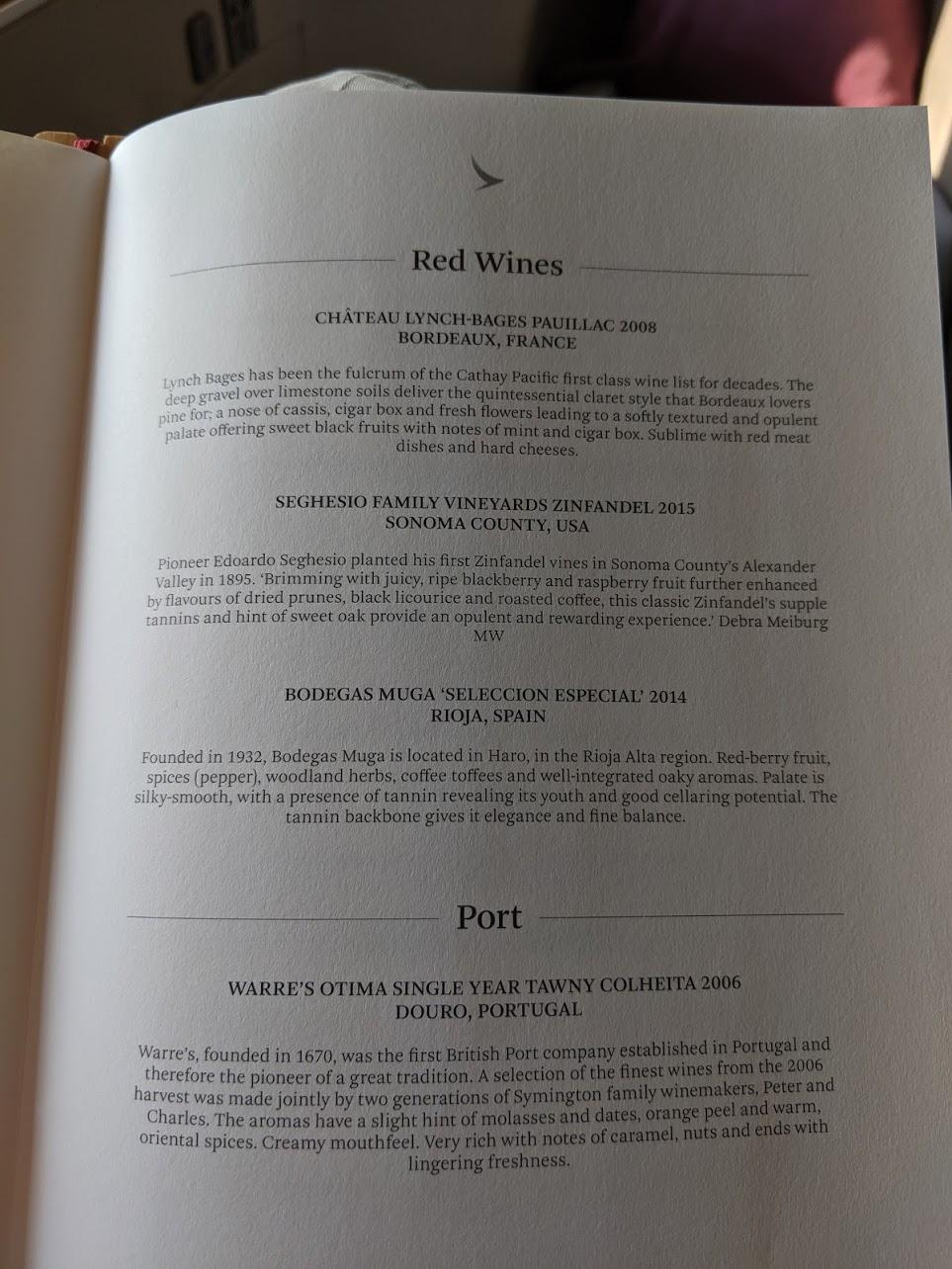 Cathay Pacific First Class Menu