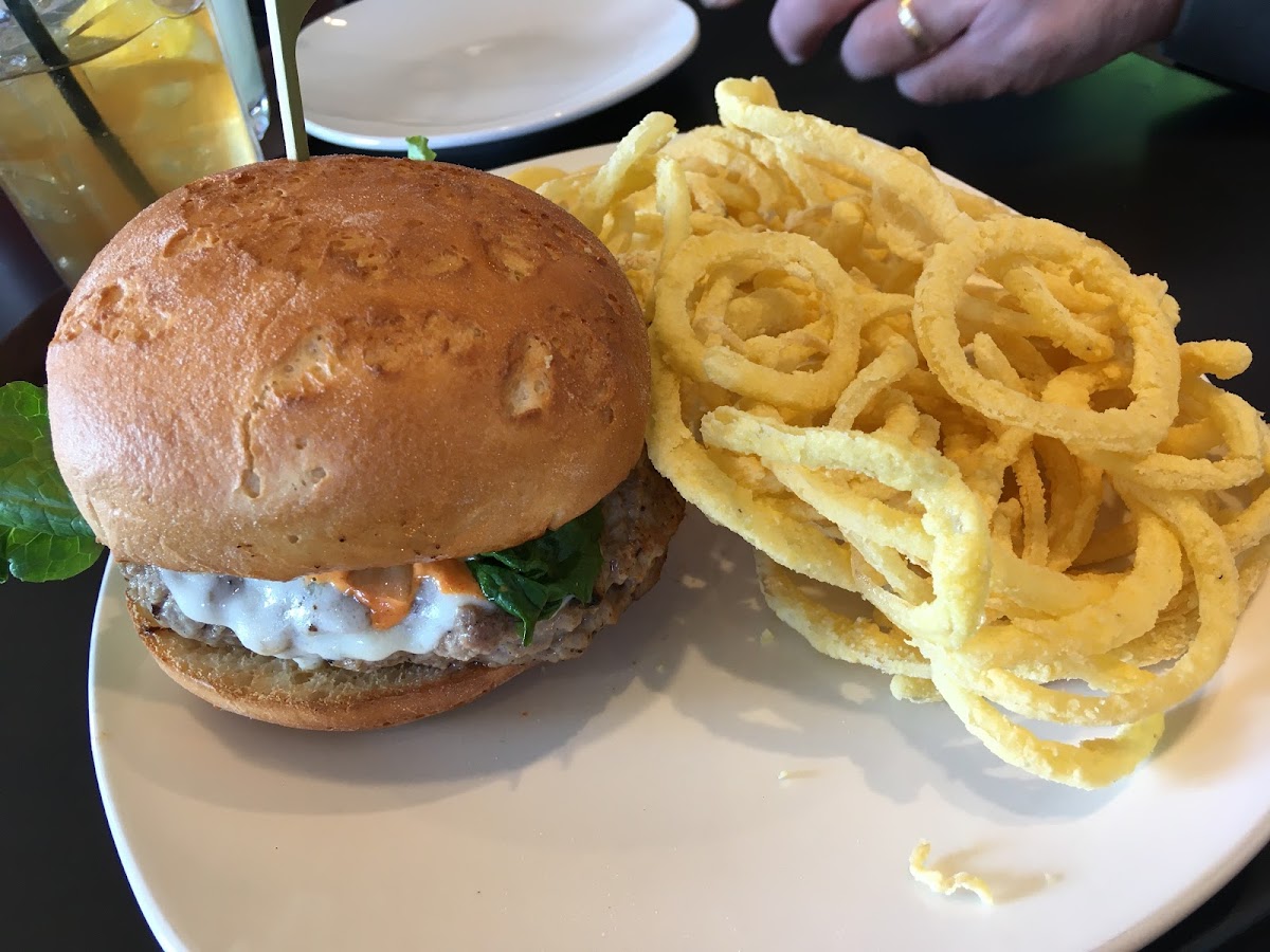 Turkey burger with onion strings