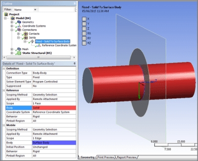 ANSYS Задание соединения Fixed Joint между недеформируемым твёрдым телом и кромкой оболочки