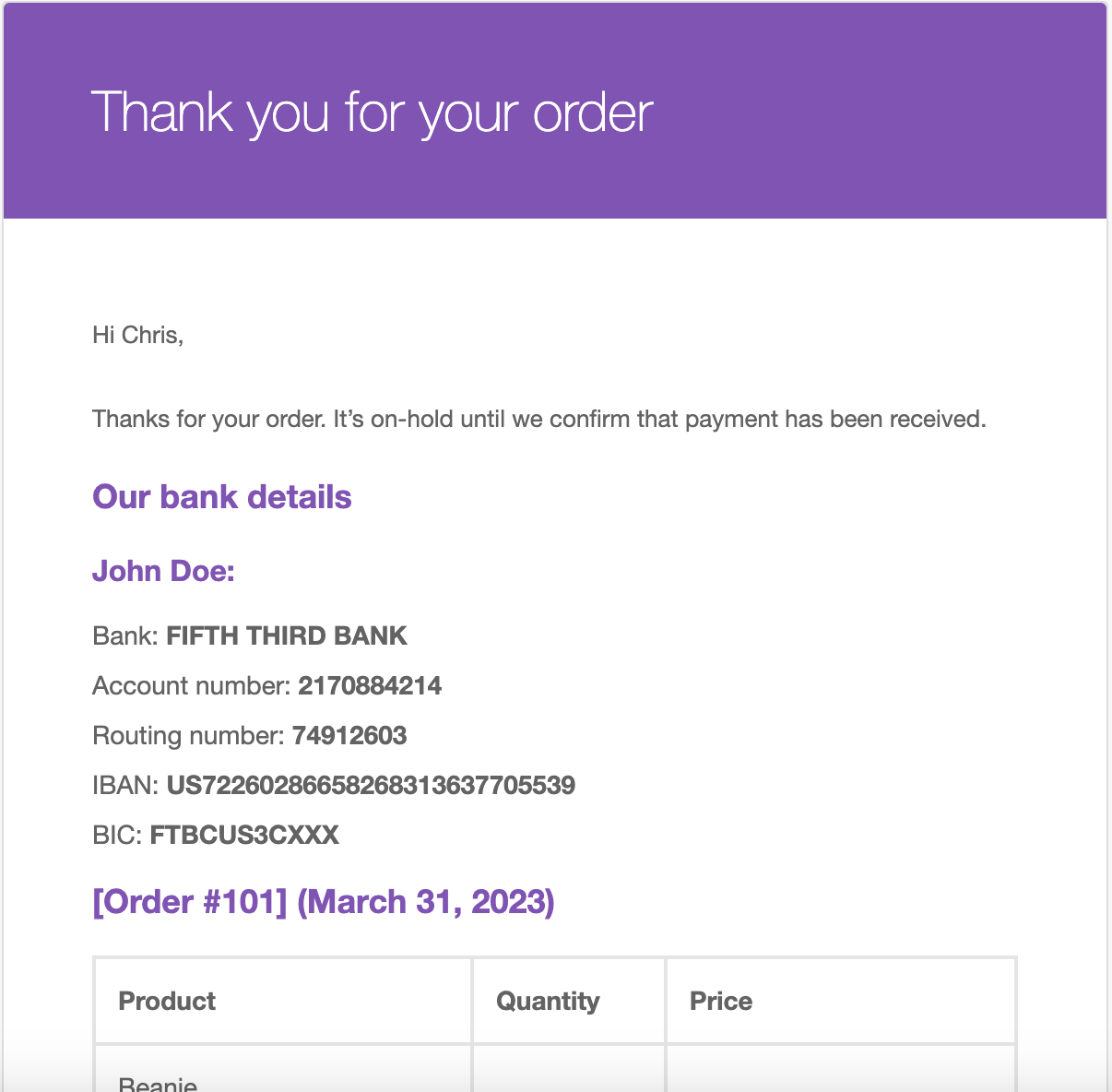 This is a screenshot that shows an Order Confirmation page