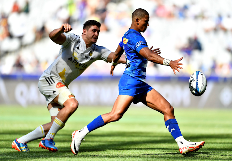 Stormers flyhalf Manie (right) Libbok during the Champions Cup match between Stormers and La Rochelle at Cape Town Stadium on December 16 2023.