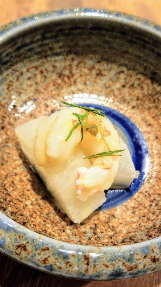 Nodoguro Princess Mononoke Sousaku Fourth Course: Daikon cooked in rice water with Canadian Prawn and fermented yuzu skin and Japanese Parsley