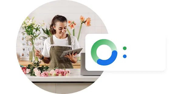 A woman working at a florist shop looking at a tablet with an overlay showing online versus in-store conversions.