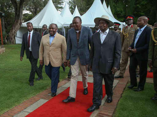 Presidents Ali Bongo of Gabon, Uhuru Kenyatta and Uganda’s Yoweri Museveni during the opening of the Inaugural Giants Club Summit in Nanyuki yesterday/PSCU