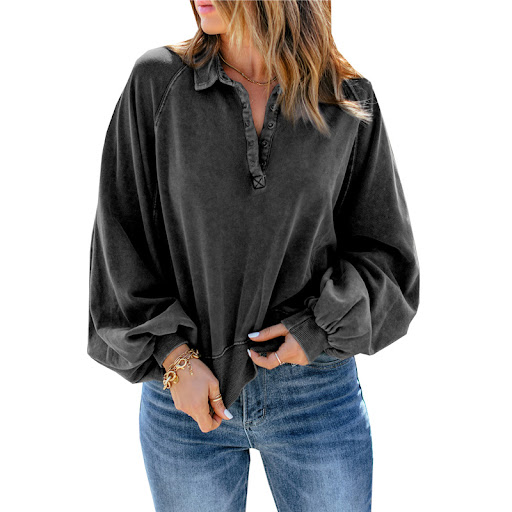 Title 15, Long-sleeve Blue-dyed V-neck Pullover Sweatshirt