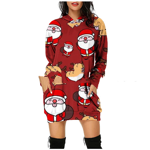 Title 6, Womens Christmas Print Mid-length Pocket Hoode...