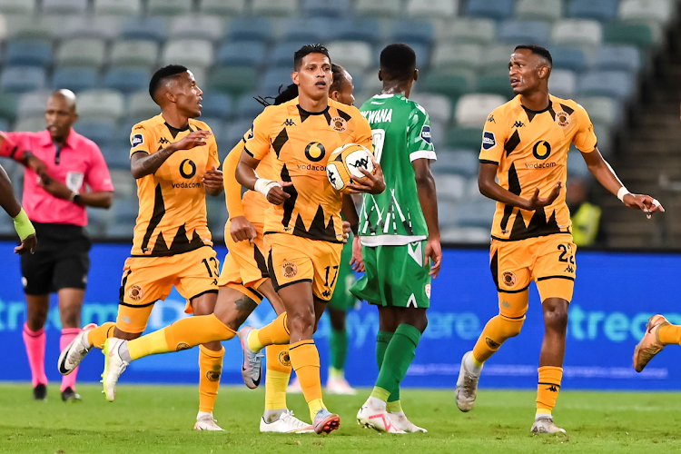 Kaizer Chiefs players celebrate a goal by Edson Castillo (centre) during the DStv Premiership match against Sekhukhune United at Moses Mabhida Stadium on September 27.