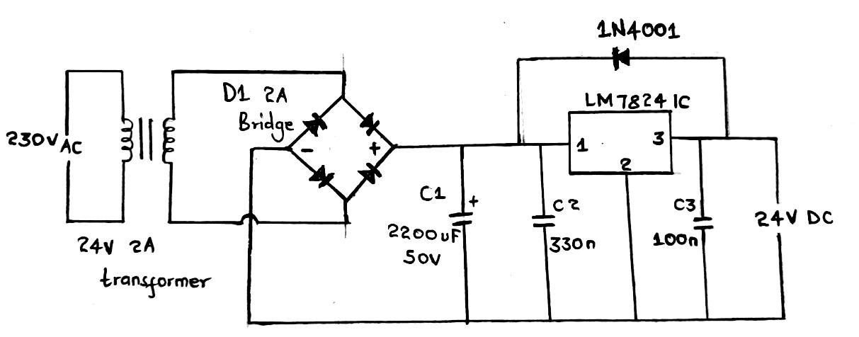 Circuit of a 24V power supply using lm7824 IC 