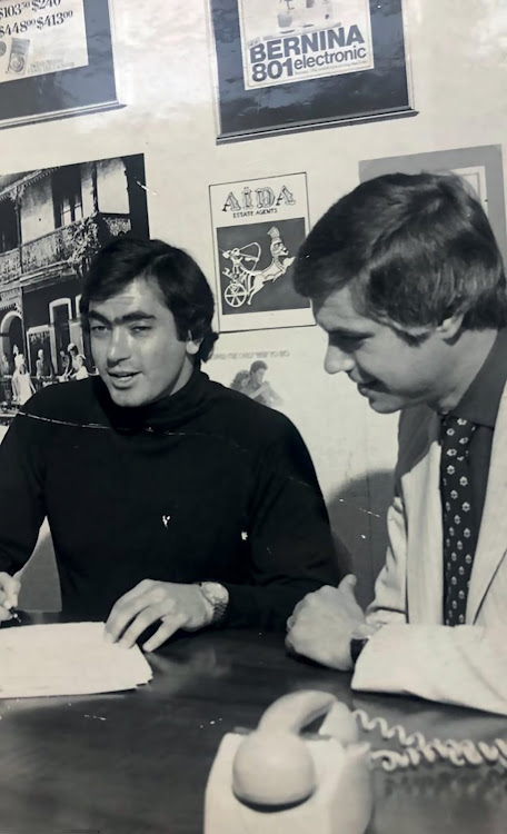 Lew Geffen, left, when Aida Franchises was launched. Picture: SUPPLIED