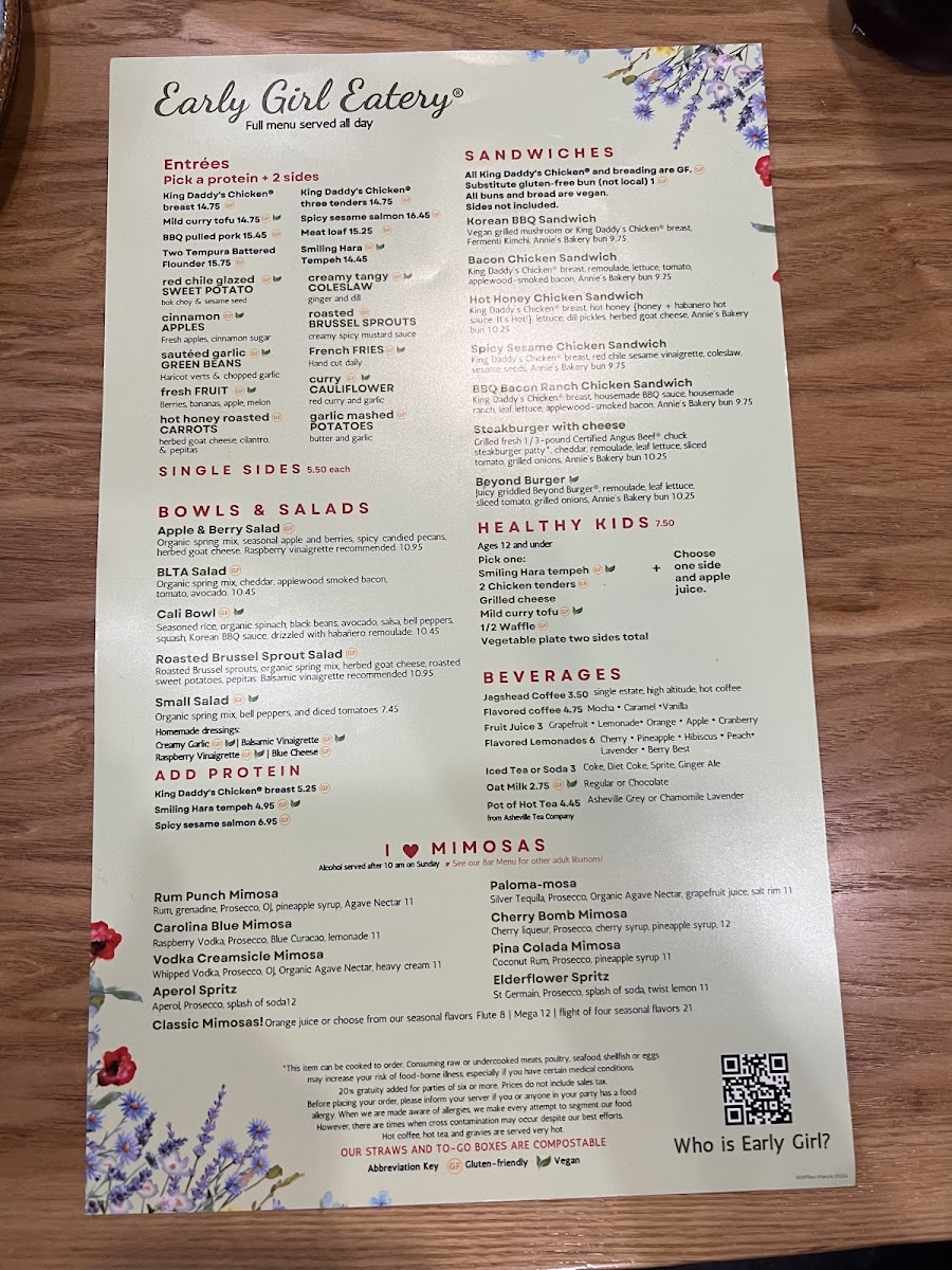 Early Girl Eatery gluten-free menu