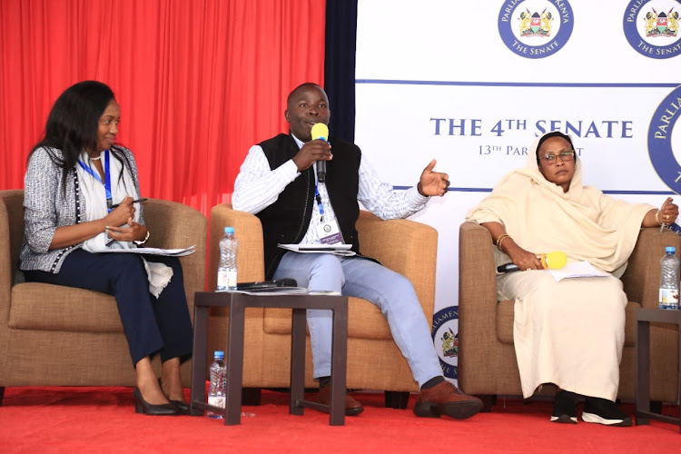 Governors Susan Kihika (Nakuru) and Stephen Sang (Nandi) and Isiolo Senator Fatuma Dulo during the opening of the senators' induction retreat at Naivasha in Nakuru county on Tuesday.