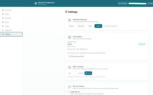 MissCall — Auto SMS Reply Dashboard screenshot 2