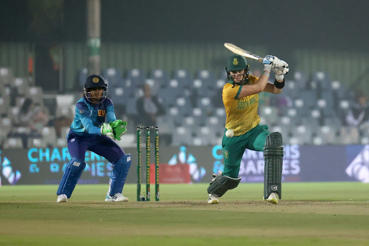 Laura Wolvaardt in action during the T20 against Sri Lanka at Buffalo Park Cricket Stadium