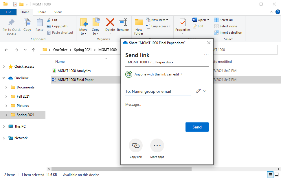 Screenshot showing Send link popup window