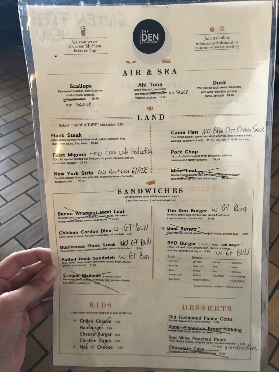 The Den Restaurant gluten-free menu