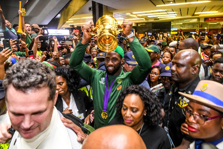 Siya Kolisi (captain) of the Springboks during the South African national rugby team arrival media conference at OR Tambo International Airport on November 05, 2019 in Johannesburg, South Africa.