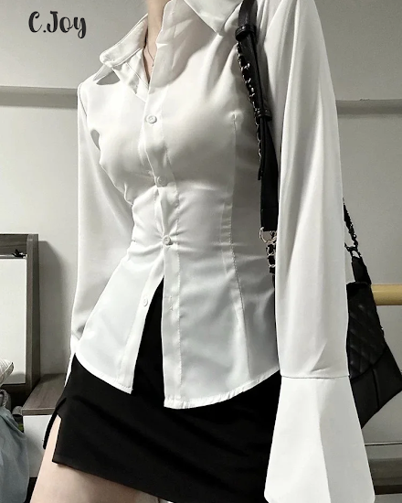 Sexy Solid Slim Flared Sleeve Women Shirt Lapel Single-br... - 3