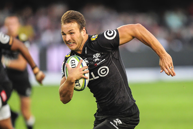 Andre Esterhuizen of the Cell C Sharks attacks the goal line during the 2018 Super Rugby game between the Sharks and the Highlanders at Kings Park Stadium, Durban on 5 May 2018.