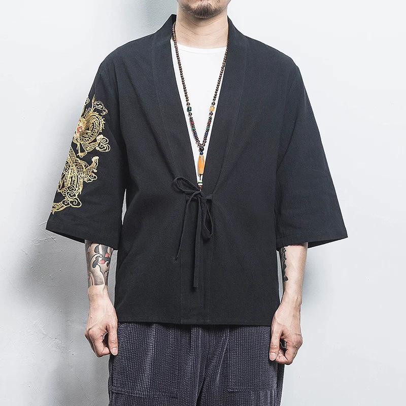 Chinese Style Men's Short-Sleeved Shirt Hanfu Crane Embroidery