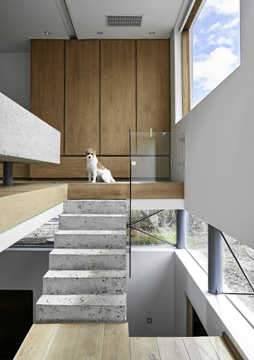 The mezzanine leads up to the main bedroom, its glass facade making the space feel open to the outside.