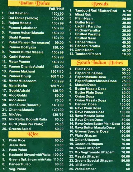 Greens Sweets & Restaurant menu 